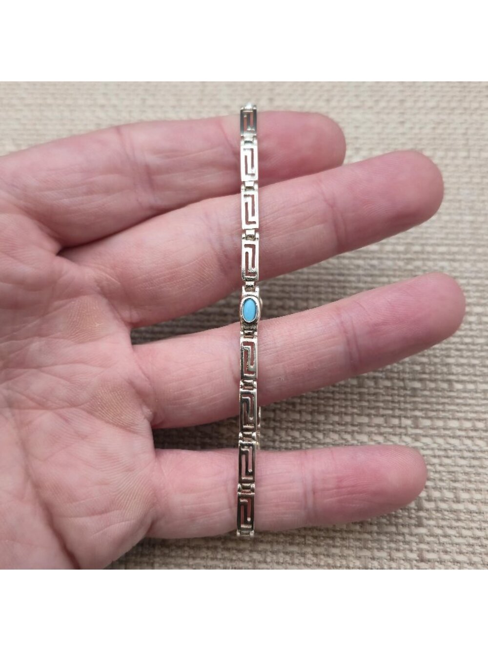 7.5 Inch Sterling Silver Blue Stone Greek Key Meander Link Bracelet A8810